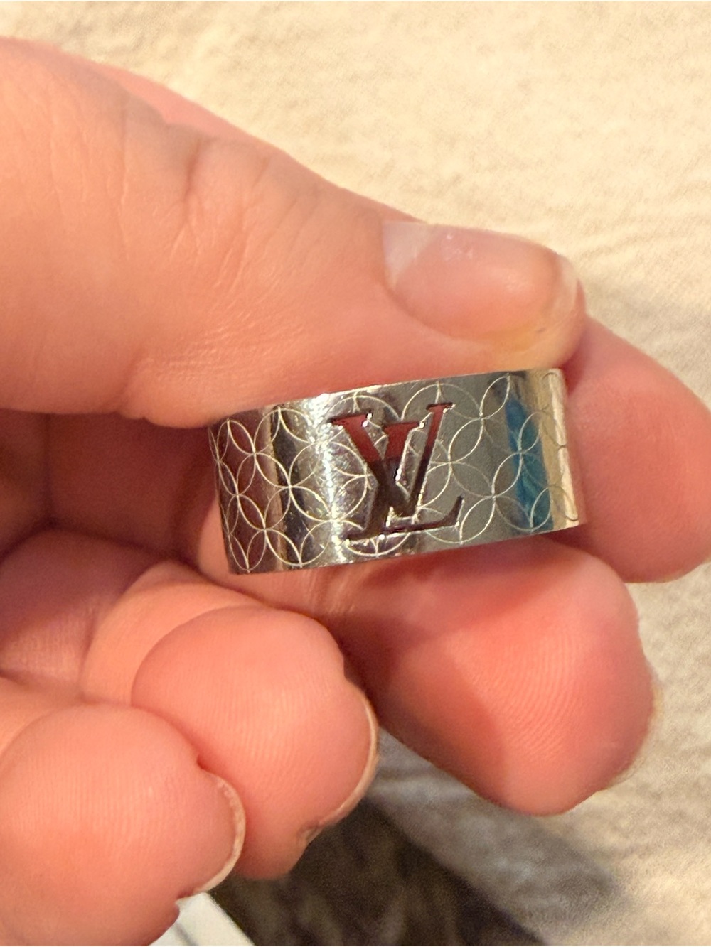 Louis Vuitton Silver-Tone LV Logo Men's Band Ring